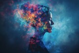 Fototapeta Kosmos - A woman's profile with colorful smoke coming out of her head in a surreal portrait.