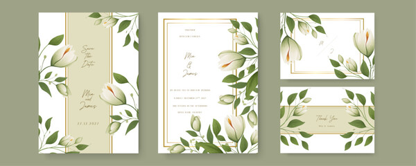 Fototapete - Green and white tulip beautiful wedding invitation card template set with flowers and floral
