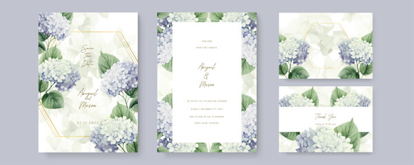 Fototapete - Blue and white hydrangea modern wedding invitation template with floral and flower