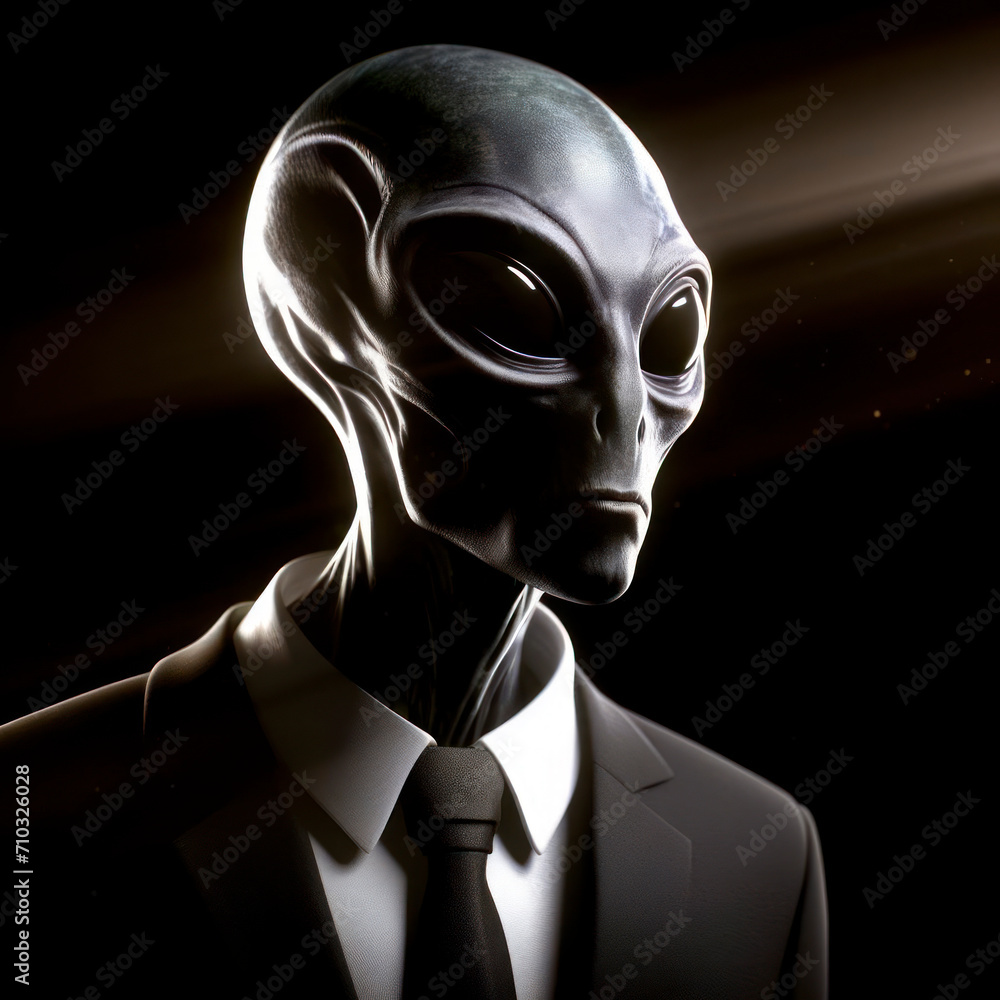 alien face on his face, wearing a black suit with a white shirt and ...