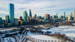 Chicago, IL USA January 15th 2024: Aerial drone footage of Chicago downtown  during winter time with below zero temperatures.  the area is empty due to cold weather 