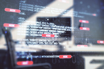Wall Mural - multi exposure of abstract graphic coding sketch and modern desktop with pc on background, big data 