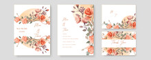 Peach Rose Luxury Wedding Invitation With Golden Line Art Flower And Botanical Leaves, Shapes, Watercolor. Gradient Golden Luxury Boho Watercolor Wedding Floral Invitation Template