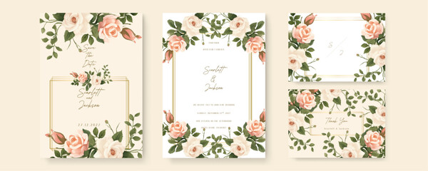 Fototapete - Pink and beige rose and poppy artistic wedding invitation card template set with flower decorations. Gradient golden luxury boho watercolor wedding floral invitation template