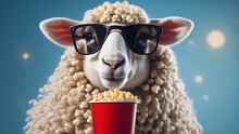 Funny Hipster Sheep With Fashion Sunglasses Holds A Red Cup Of Cola And A Basket Of Popcorn Rest And Watching A Movie On A Blue Background. Creative Idea, Rest. Happy Fun Animal Concept See Less