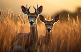Two gazelles standing in a grassland, gazelles and antelopes image