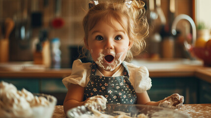 A kid making a cake with surprised and proud expression. Concept of creative and careless