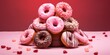 Sweet donuts with pink and chocolate glaze decorating, heart sprinkles on a pink. Sweet Valentine. Tasty dessert.