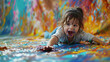 Careless little kid accidently spilling paint on the floor creating colorful splatters