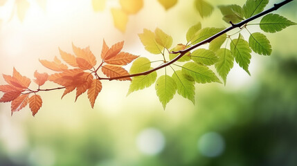 Wall Mural - Close-up of a tree branch with green leaves and blurred background, nature, Generative AI