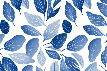 Wall Mural - A seamless pattern of blue and white leaves on a white background, Generative AI