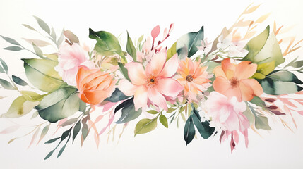 Wall Mural - Watercolor painting of pink flowers and green leaves, Generative AI