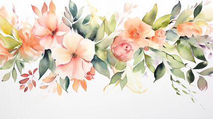 Wall Mural - Watercolor painting of pink flowers and green leaves, Generative AI