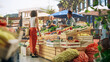 © Gorodenkoff - Hispanic Female Customer Buying Two Garlic Heads and a Pineapple From a Multiethnic Farmers Couple. Successful Adults Managing Small Business Farm Stall at a City Square Market