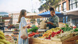 © Gorodenkoff - Beautiful Female Customer Buying Sustainable Organic Vegetables From a Joyful Black Female Farmer on a Sunny Summer Day. Successful Street Vendor Managing a Farm Stall at an Outdoors Eco Market