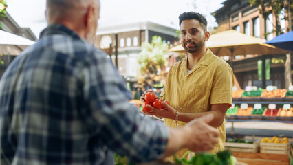 Portrait of a Young Handsome Customer Shopping for Organic Seasonal Fruits and Vegetables for a Healthy Breakfast. Multiethnic Man Buying Sustainable Bio Tomatoes From a Local Street Vendor