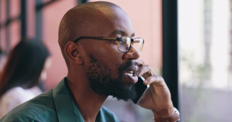 Aufkleber - Face, phone call and black man employee in office for communication, networking or negotiation. Contact, consulting or feedback with serious business person in glasses talking on mobile at workplace