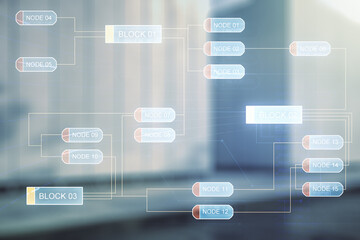 Wall Mural - abstract virtual coding concept on blurry modern office building background. multiexposure