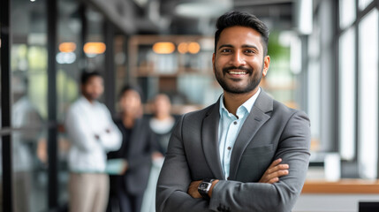 Portrait of a handsome smiling asian indian businessman boss standing in his modern business company office.