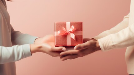 Wall Mural - Closeup on hands. man giving a gift box to woman for Birthday, Christmas and New year. Young loving husband making surprise for wife anniversary. Family lifestyle, Holiday celebration,.