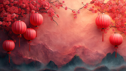 Several lanterns hanging from a cherry blossom tree with red flowers. Background image for Chinese New Year celebrations.