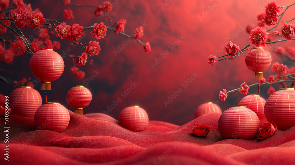 Several lanterns hanging from a cherry blossom tree with red flowers ...