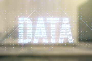 Wall Mural - data word hologram on contemporary business center exterior background, big data and blockchain conc