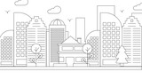 Fototapeta Miasto - Black and white vector outline building landmarks skyline concept background. Vector line art outline cityscape concept