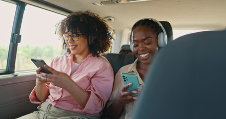 Wall Mural - Phone, music and friends in car for road trip, travel or journey together on summer vacation. Smile, social media and headphones with young women on mobile app in vehicle for holiday transportation