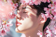 © azure - 桜の花と横顔のアジア人男性 メンズビューティー