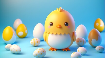 Poster - 3d cute Easter chick on blue background