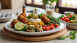 a photo of a veg food plate on a white wooden table in a restaurant setting vibrant Mediterranean flavors with dishes like falafel, hummus, tabbouleh, and grilled vegetables