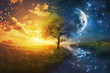 Fantastic magical fairy tale landscape with moon and sun, spring equinox, day and night
