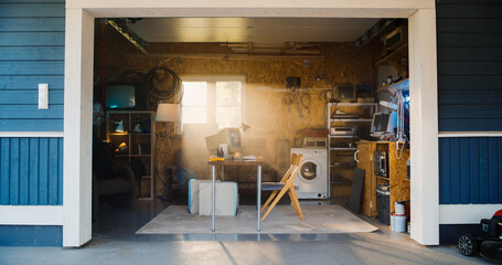Leinwandbilder - Establishing Shot Of Empty Workplace With Old Desktop Computer In Retro Garage With Random Home Appliances. First Office Of Successful Computer Engineering Startup In Nineties. Nostalgia Concept.