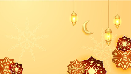 Wall Mural - Red gold and yellow vector background for islamic ramadan celebration with mandala ornament. Ramadan luxury golden background