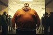 
Illustration of a sad obese man standing in front of a mirror, reflecting on his body, with blurred figures in the background