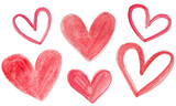 collection of various hearts painted in watercolor for Valentine's day, on a white isolated background