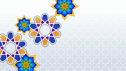 Wall Mural - Blue white and orange vector luxury ramadan background with mandala ornament. Mandala pattern star background