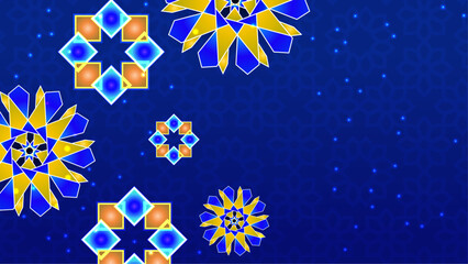 Wall Mural - Blue yellow and orange ramadan kareem traditional islamic festival religious background with mandala ornament. Mandala pattern star background