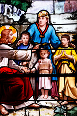 Sticker - Saint Aubin church.  Stained glass. Let the Little Children Come to me. Jesus. new testament.  Houlgate. France.