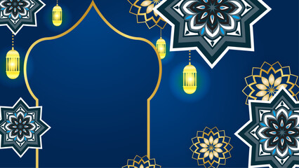 Wall Mural - Blue white and gold vector background for islamic ramadan celebration with mandala ornament. Islamic ramadan blue luxury background with mandala for poster