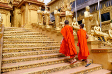 Mongkol Serei Kien Khleang Pagoda.  Staircase Decorated With Golden Buddhist Statues. Phnom Penh; Cambodia.