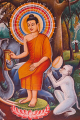 Wall Mural - Mongkol Serei Kien Khleang Pagoda.  Life of Siddhartha Gautama, the Buddha.  The Buddha in retreat  attended by disciples and a monkey and elephant with offerings. Phnom Penh; Cambodia.