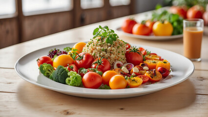 a veg food plate with seasonal produce on a white wooden table in a restaurant background