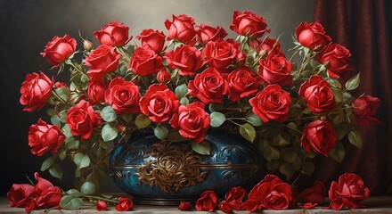  A bouquet of vibrant red roses, delicately arranged in a vintage vase, brought to life in a hyper-realistic oil painting.