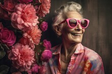 Positive Senior Woman Wearing Pink Sunglasses. Stylish Elderly Woman Posing With Floral Blossom Branch. Generate Ai
