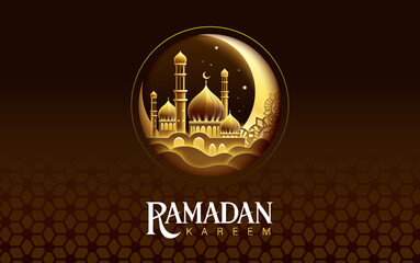 Sticker - Islamic festival poster background design with mosque, arabic calligraphy, crescent moon and lantern. Suitable for Ramadan Kareem , Hari Raya, Eid Mubarak, Eid al Adha.