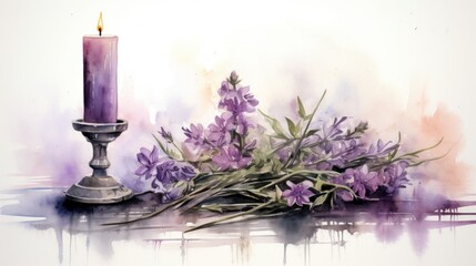 Wall Mural - Artistic watercolor painting of an Ash Wednesday scene, featuring a candle, ash cross, and purple flowers, tranquil and spiritual atmosphere.
