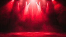 Free Stage With Lights And Smoke, Empty Stage With Red Spotlights, Conser, Show, Party, Presentation Concept.  Red Spotlight Strike On Black Background 