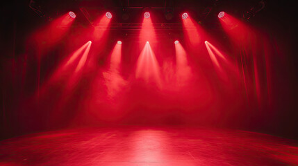 Free stage with lights and smoke, Empty stage with red spotlights, conser, show, party, Presentation concept.  Red spotlight strike on black background 